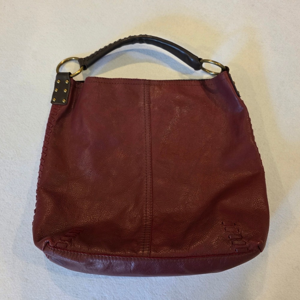 Lucky Brand Burgundy Leather Hobo Bag Whipstitch Studded Shoulder Bag Oxblood